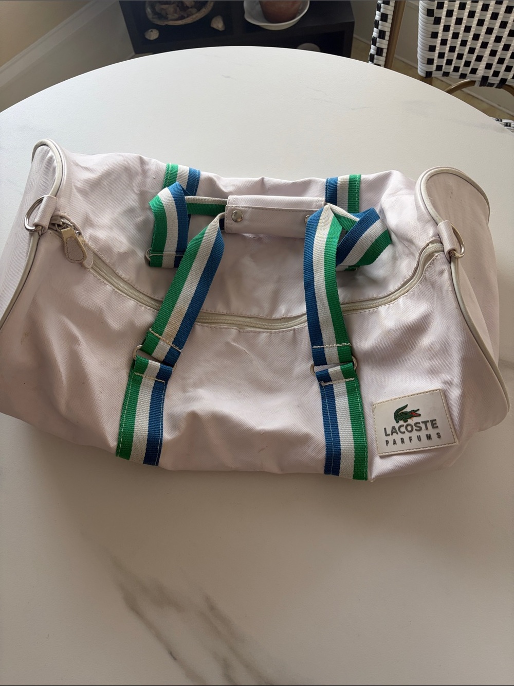 Lacoste White Weekender Duffel Bag with Blue & Green Straps